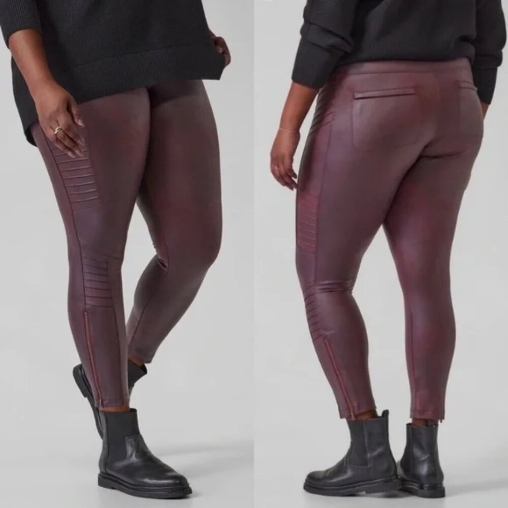 NWT Athleta Size 1X Delancey Gleam Moto Tight Faux Leather Chocolate/Burgundy